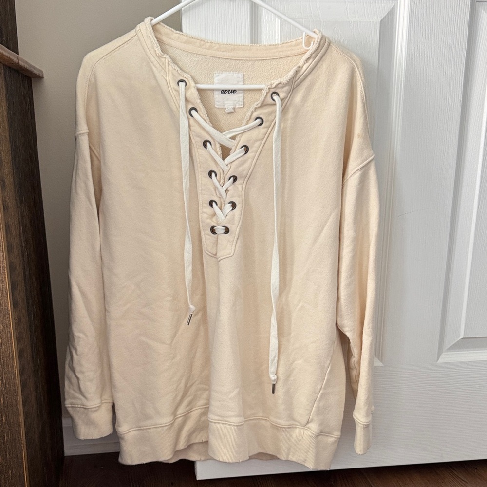 Aerie Lace-Up Pullover Cream Oversized Sweatshirt